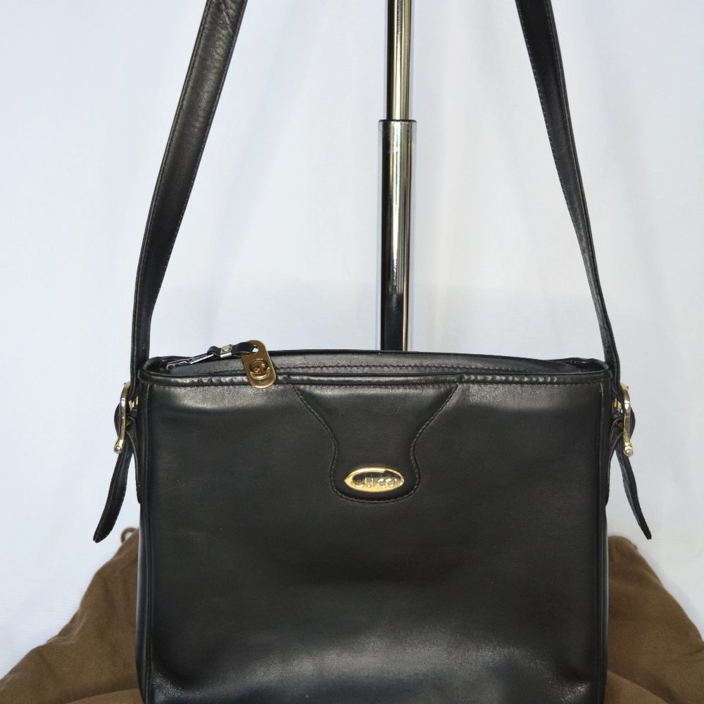 Gucci Script Logo Black Leather Shoulder Bag